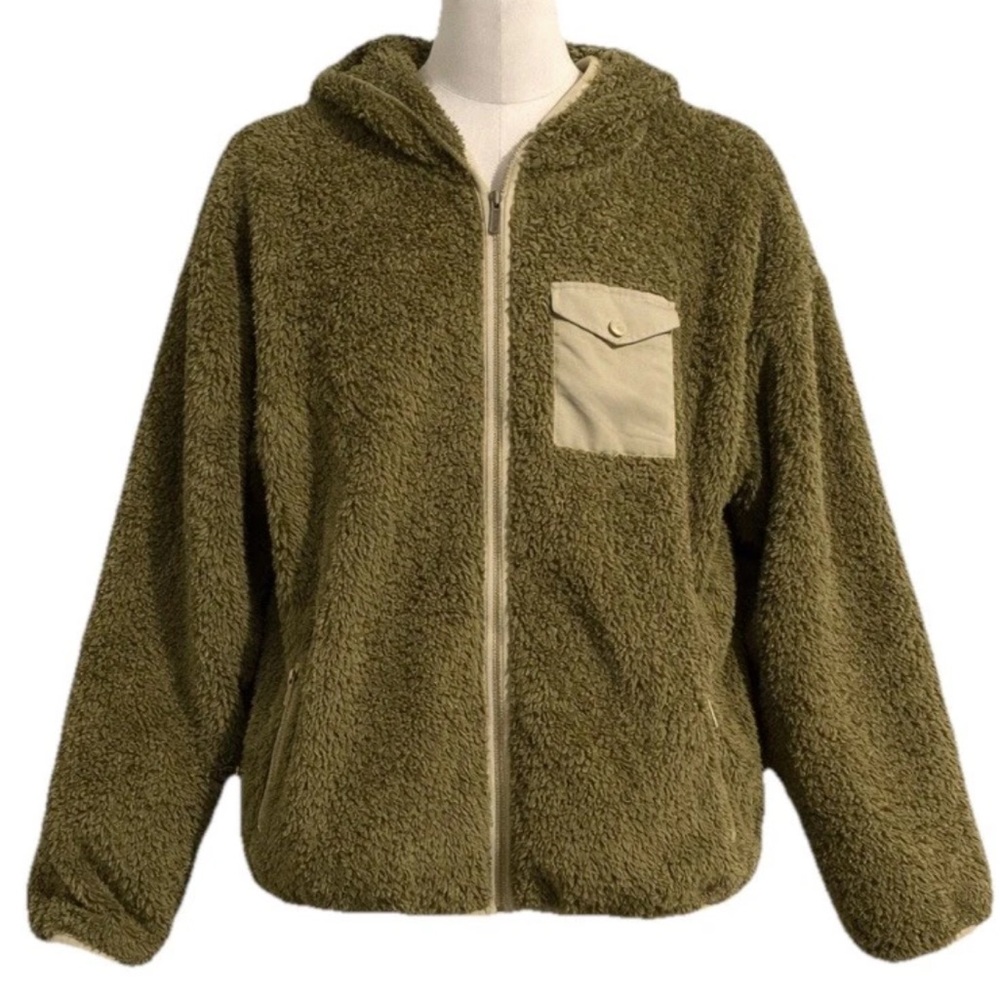 UGG Olive Green Sherpa Kadence Fleece Hoodie Jacket  Zip Front Cozy XL Comfy